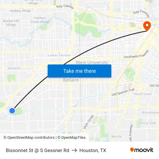 Bissonnet St @ S Gessner Rd to Houston, TX map
