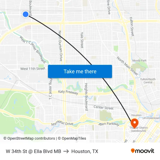 W 34th St @ Ella Blvd MB to Houston, TX map