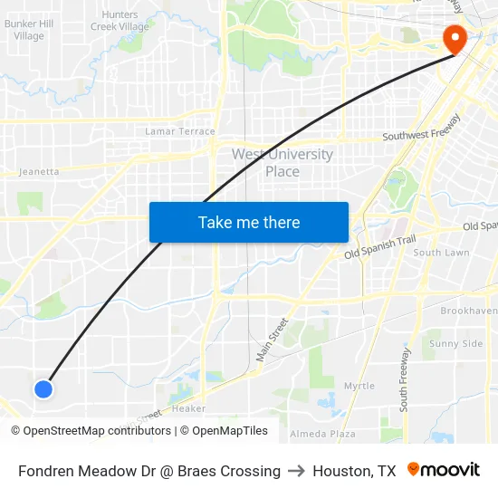 Fondren Meadow Dr @ Braes Crossing to Houston, TX map