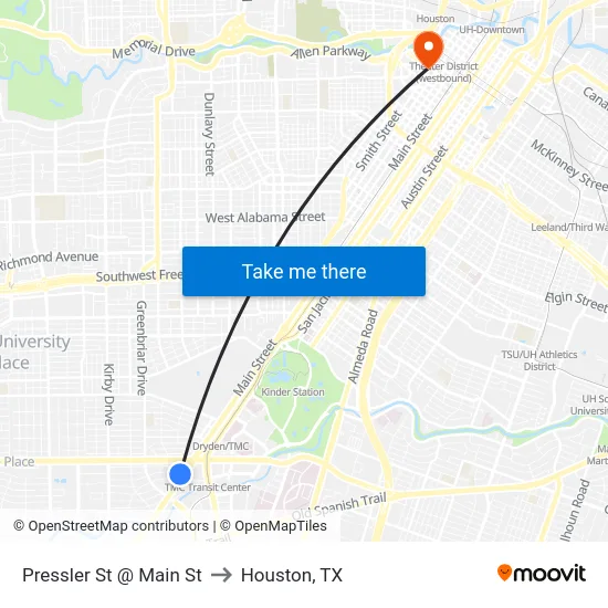 Pressler St @ Main St to Houston, TX map