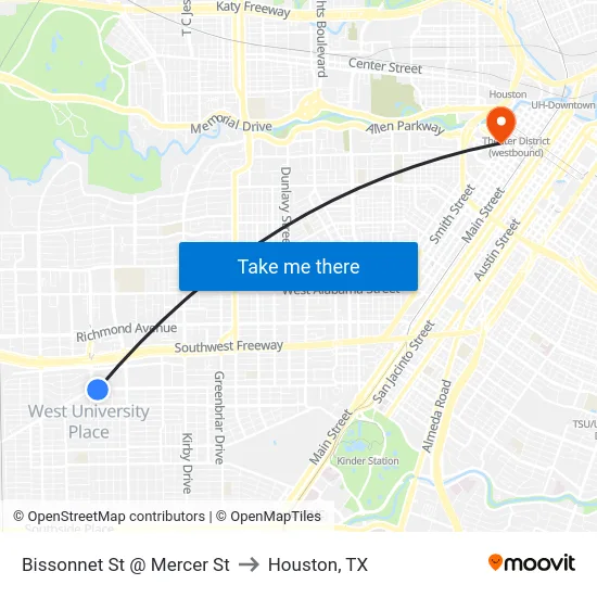 Bissonnet St @ Mercer St to Houston, TX map