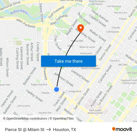 Pierce St @ Milam St to Houston, TX map