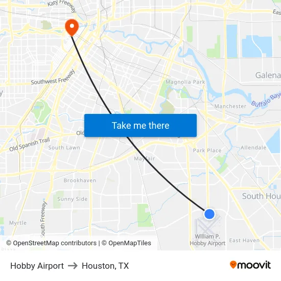 Hobby Airport to Houston, TX map