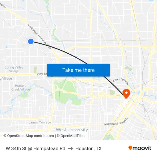 W 34th St @ Hempstead Rd to Houston, TX map