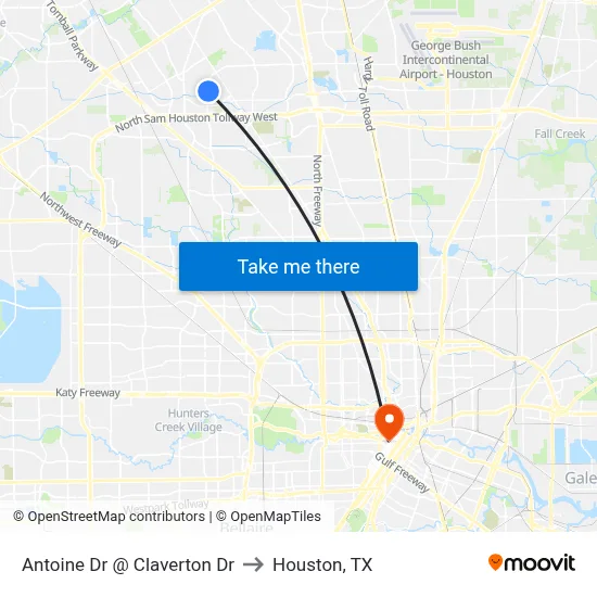 Antoine Dr @ Claverton Dr to Houston, TX map