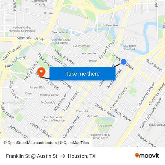 Franklin St @ Austin St to Houston, TX map