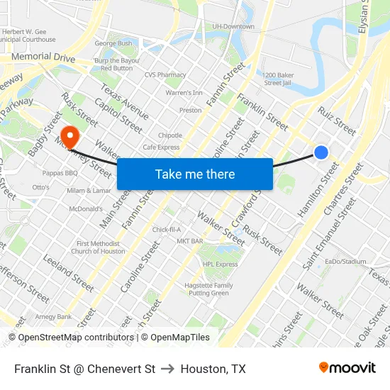 Franklin St @ Chenevert St to Houston, TX map