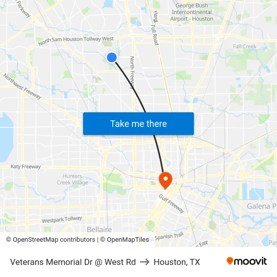 Veterans Memorial Dr @ West Rd to Houston, TX map