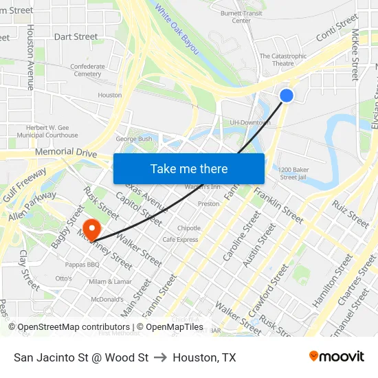 San Jacinto St @ Wood St to Houston, TX map