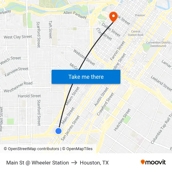 Main St @ Wheeler Station to Houston, TX map