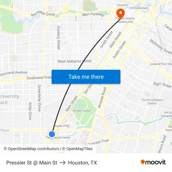 Pressler St @ Main St to Houston, TX map