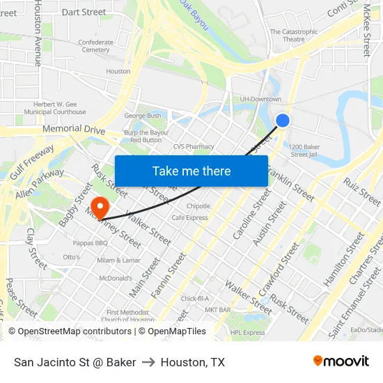San Jacinto St @ Baker to Houston, TX map