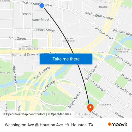 Washington Ave @ Houston Ave to Houston, TX map