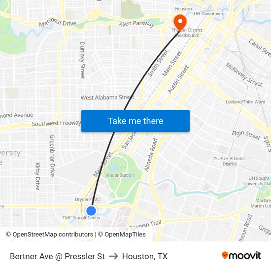 Bertner Ave @ Pressler St to Houston, TX map