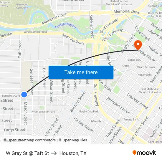 W Gray St @ Taft St to Houston, TX map