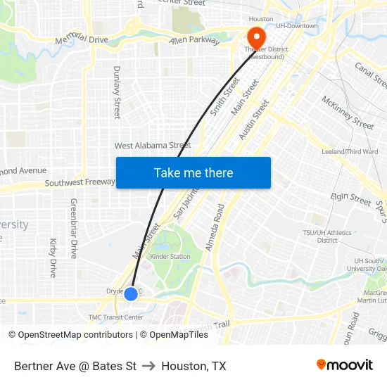 Bertner Ave @ Bates St to Houston, TX map