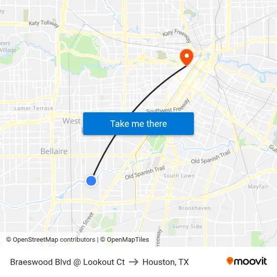 Braeswood Blvd @ Lookout Ct to Houston, TX map