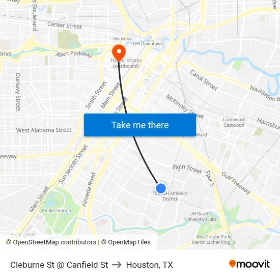 Cleburne St @ Canfield St to Houston, TX map