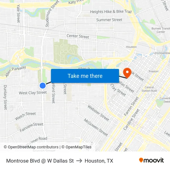 Montrose Blvd @ W Dallas St to Houston, TX map
