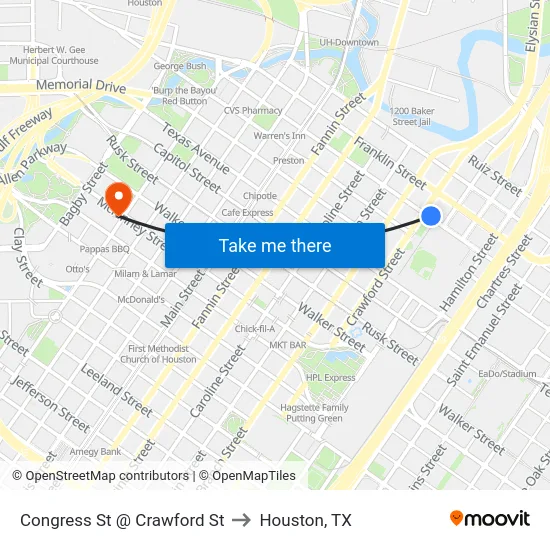 Congress St @ Crawford St to Houston, TX map