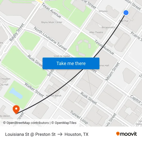 Louisiana St @ Preston St to Houston, TX map