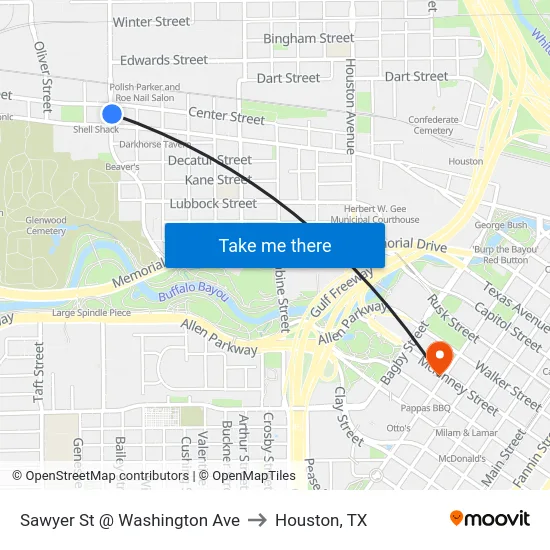 Sawyer St @ Washington Ave to Houston, TX map