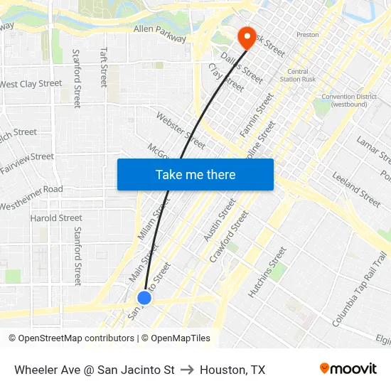 Wheeler Ave @ San Jacinto St to Houston, TX map