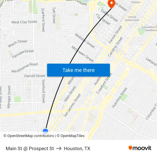 Main St @ Prospect St to Houston, TX map