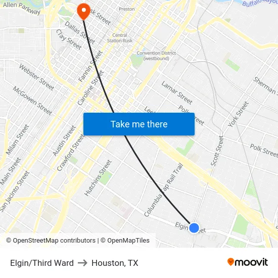 Elgin/Third Ward to Houston, TX map