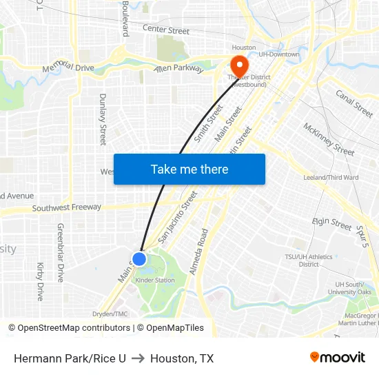 Hermann Park/Rice U to Houston, TX map