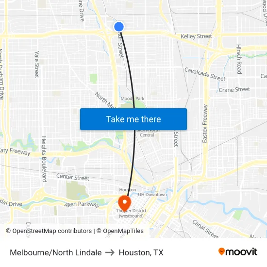 Melbourne/North Lindale to Houston, TX map