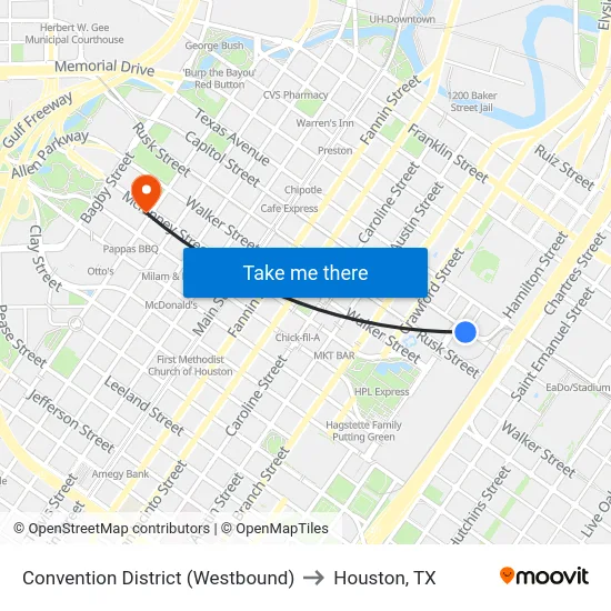Convention District (Westbound) to Houston, TX map