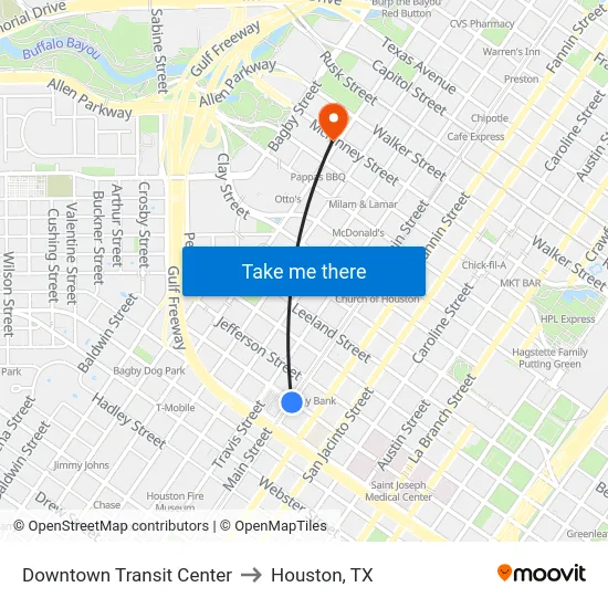Downtown Transit Center to Houston, TX map
