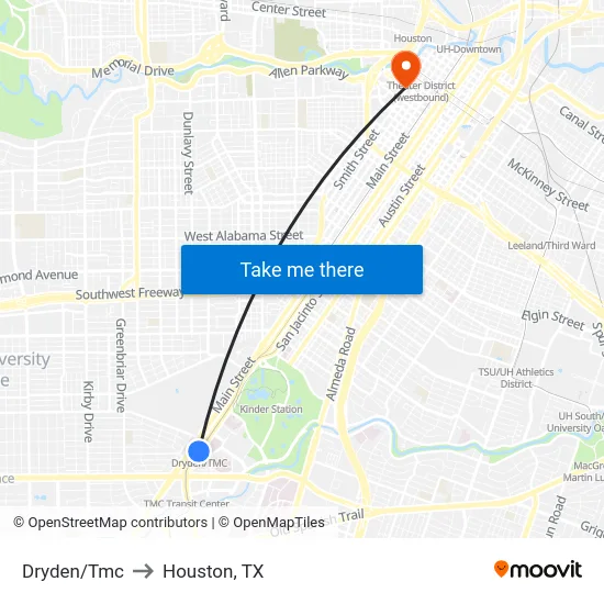 Dryden/Tmc to Houston, TX map