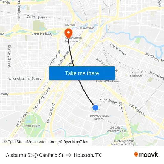 Alabama St @ Canfield St to Houston, TX map