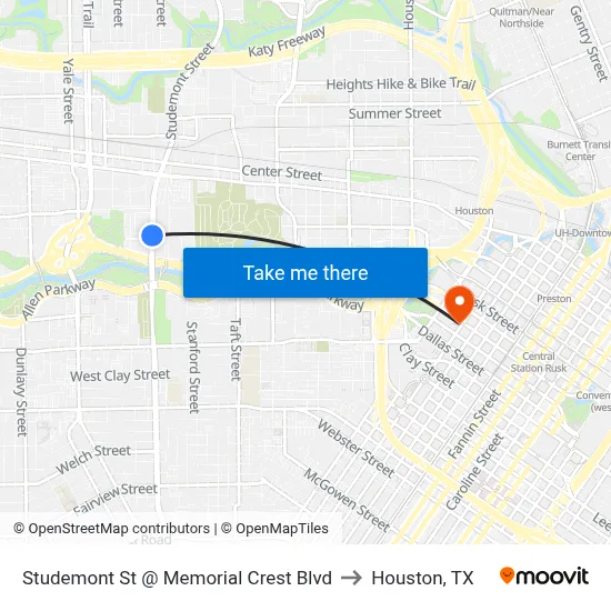 Studemont St @ Memorial Crest Blvd to Houston, TX map