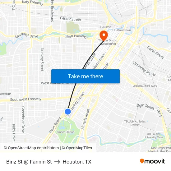 Binz St @ Fannin St to Houston, TX map