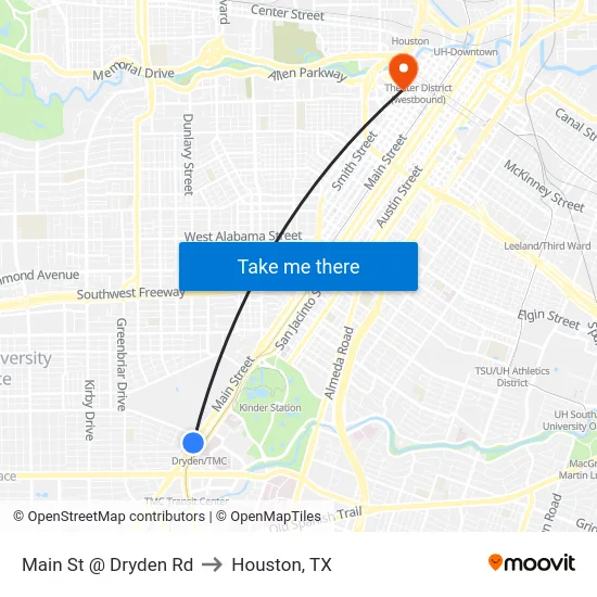 Main St @ Dryden Rd to Houston, TX map