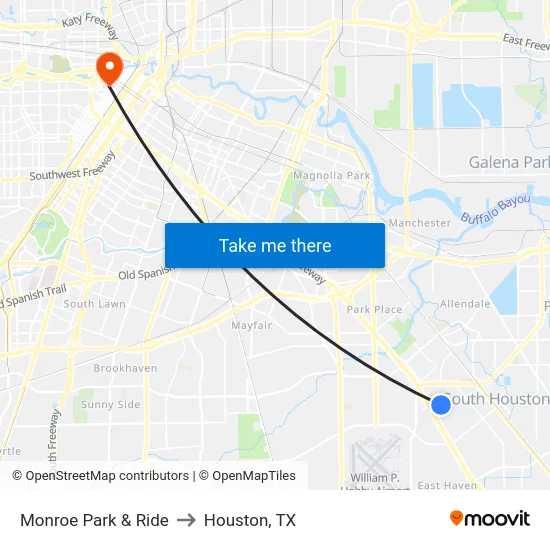 Monroe Park & Ride to Houston, TX map