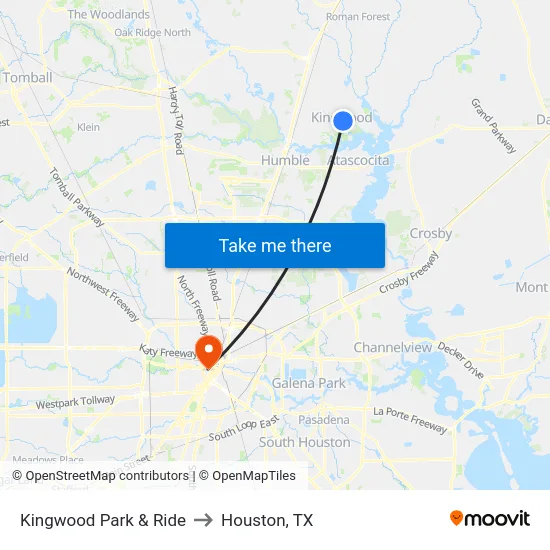 Kingwood Park & Ride to Houston, TX map