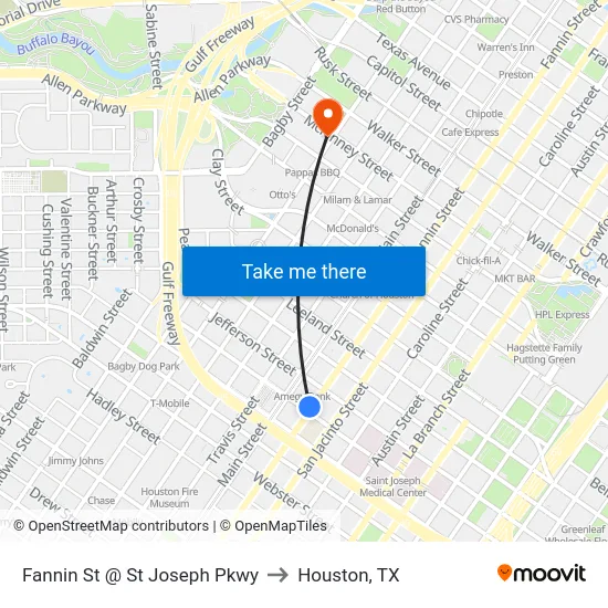 Fannin St @ St Joseph Pkwy to Houston, TX map