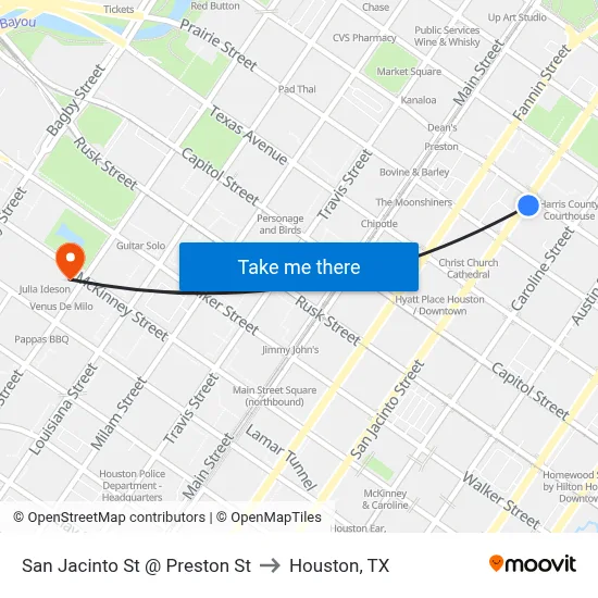 San Jacinto St @ Preston St to Houston, TX map