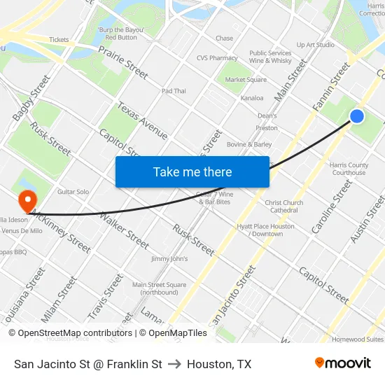 San Jacinto St @ Franklin St to Houston, TX map