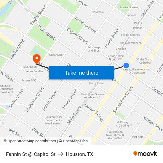 Fannin St @ Capitol St to Houston, TX map