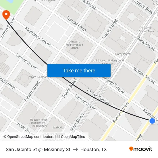 San Jacinto St @ Mckinney St to Houston, TX map