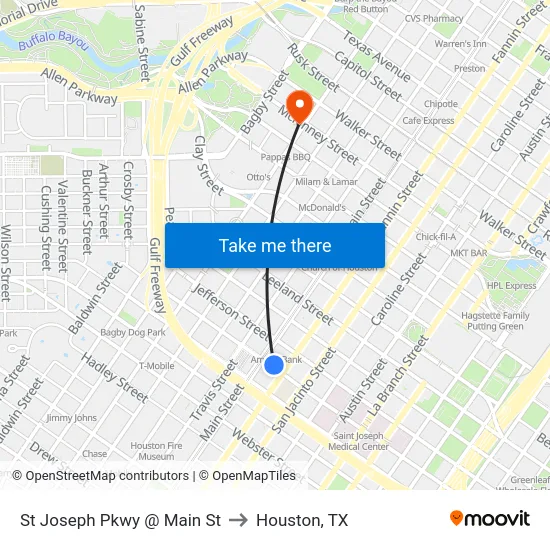 St Joseph Pkwy @ Main St to Houston, TX map