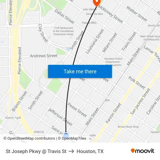 St Joseph Pkwy @ Travis St to Houston, TX map