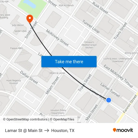 Lamar St @ Main St to Houston, TX map