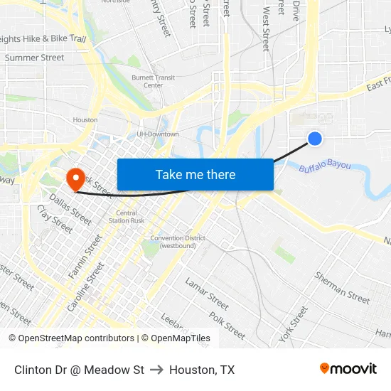 Clinton Dr @ Meadow St to Houston, TX map