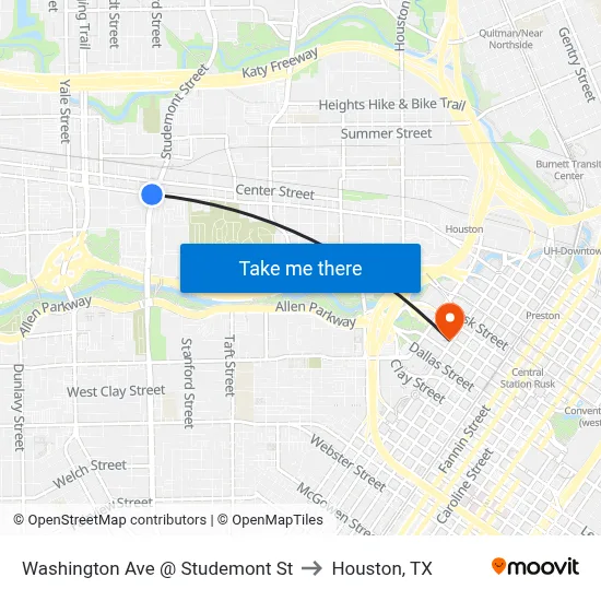 Washington Ave @ Studemont St to Houston, TX map